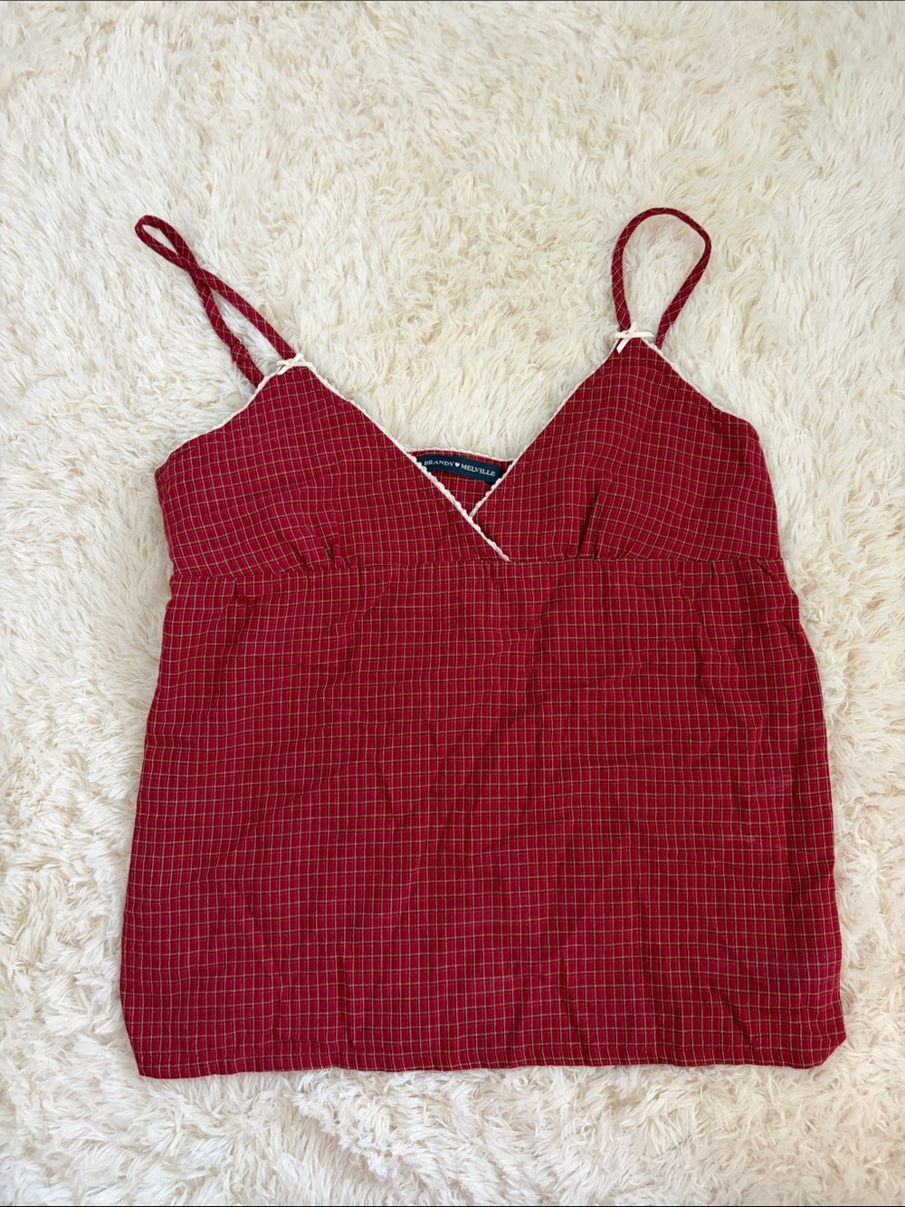 Brandy Melville Red Check V-Neck Spaghetti Strap Women's Top